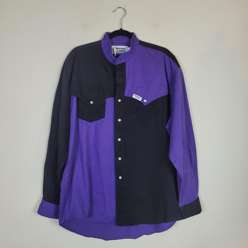 VTG Western Limits Shirt XL‎ Purple Black Colorblock Western Cowboy Rodeo USA TX